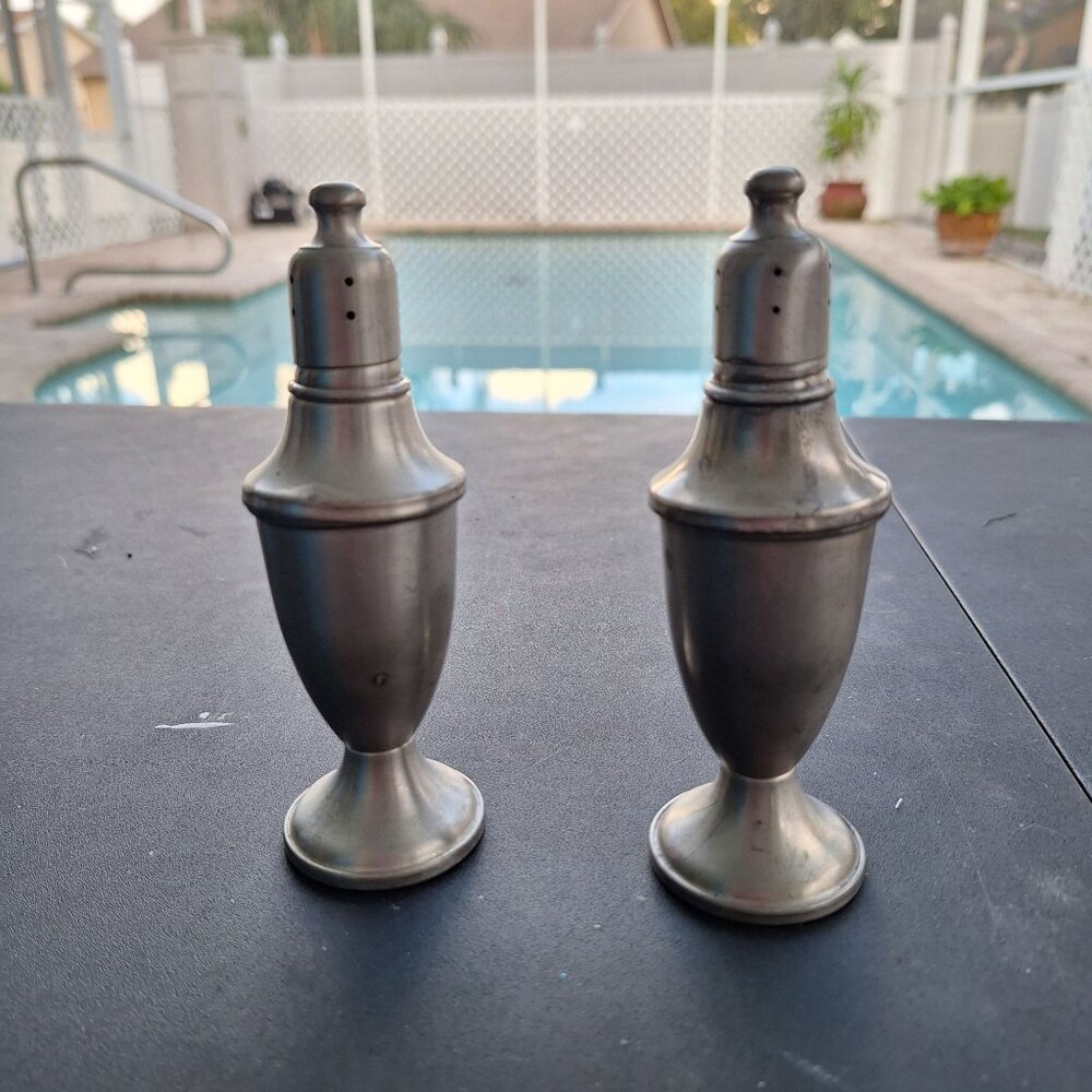 VINTAGE SET OF WEB WEIGHTED PEWTER GLASS LINED PILLAR STYLE SALT PEPPER SHAKERS